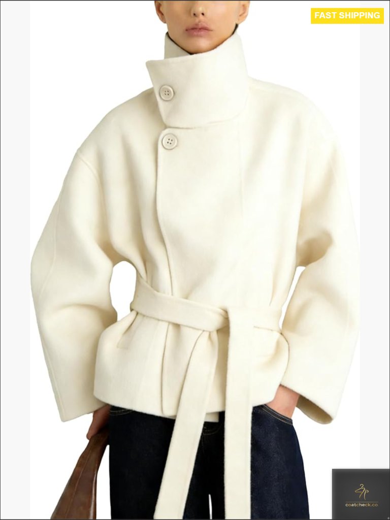 Cropped Wool Blend Pea Coat Stand Collar Belted Fall Winter Warm Outwear